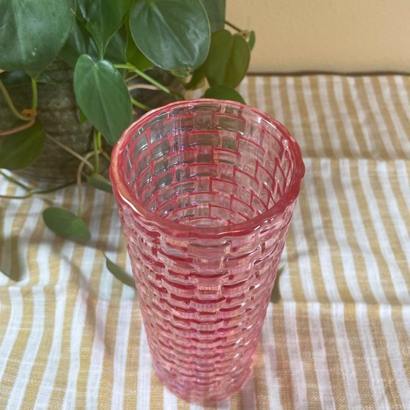 Vintage Crystal Glass Basket Weave Bossa Nova Pink Vase - Picture 2 of 6